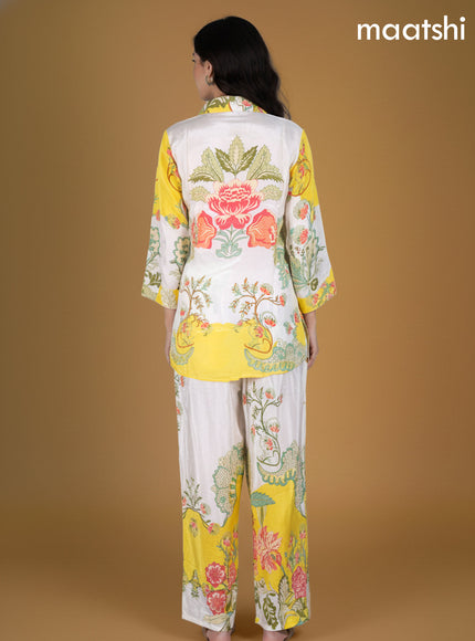 Yellow and Off White Crepe Silk Printed Short Co-Ord Set