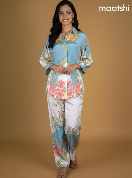 Pastel Blue and Off White Crepe Silk Printed Co-Ord Set