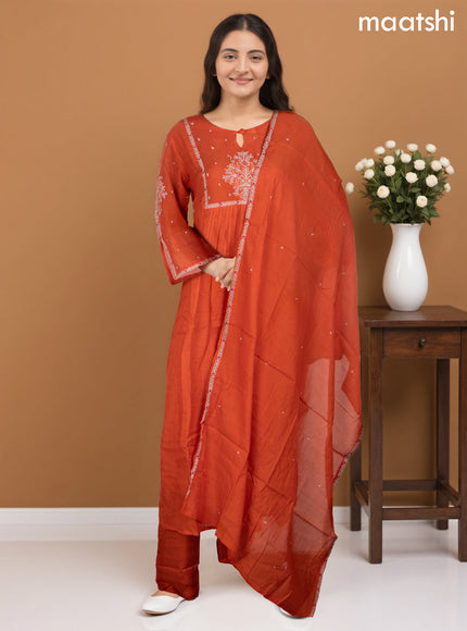 Chanderi Anarkali salwar suit orange with embroidery work neck pattern and straight cut pant & dupatta