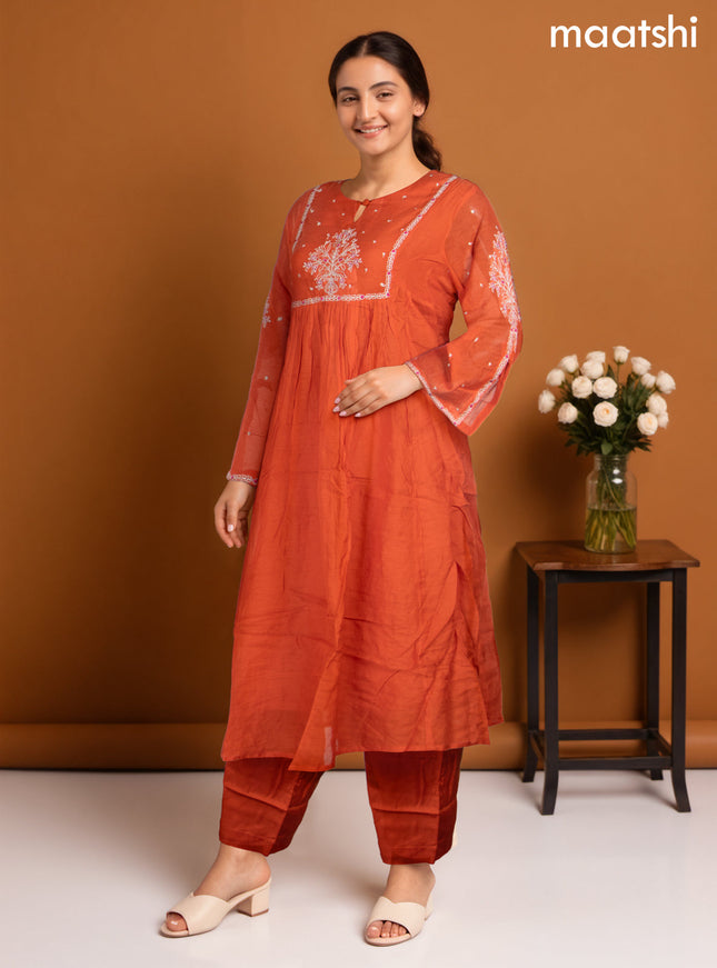 Chanderi Anarkali salwar suit orange with embroidery work neck pattern and straight cut pant & dupatta