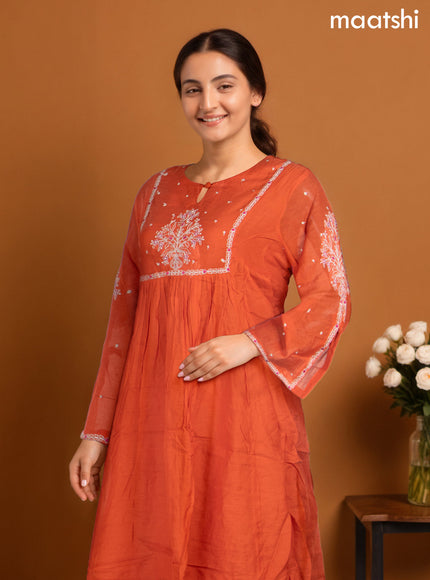 Chanderi Anarkali salwar suit orange with embroidery work neck pattern and straight cut pant & dupatta