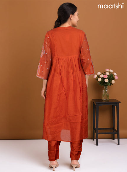 Chanderi Anarkali salwar suit orange with embroidery work neck pattern and straight cut pant & dupatta