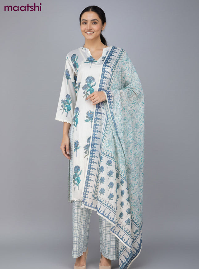 A-line salwar suit off white with slip & lace work neck pattern and and palazzo pant & dupatta