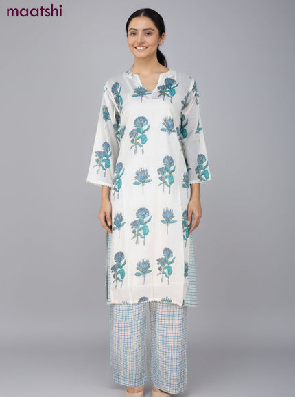 A-line salwar suit off white with slip & lace work neck pattern and and palazzo pant & dupatta