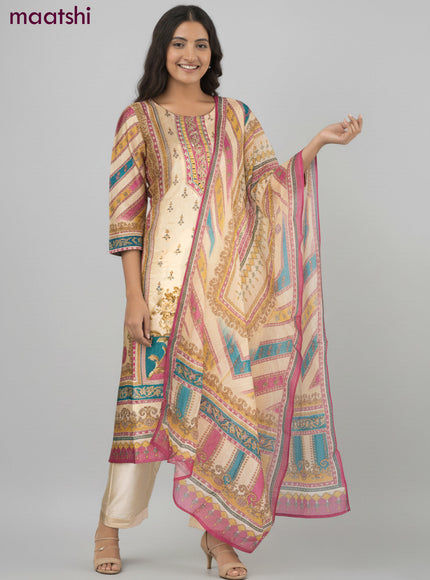 Muslin salwar suit pale yellow with allover prints & mirror zardosi work neck pattern and straight cut pant & dupatta
