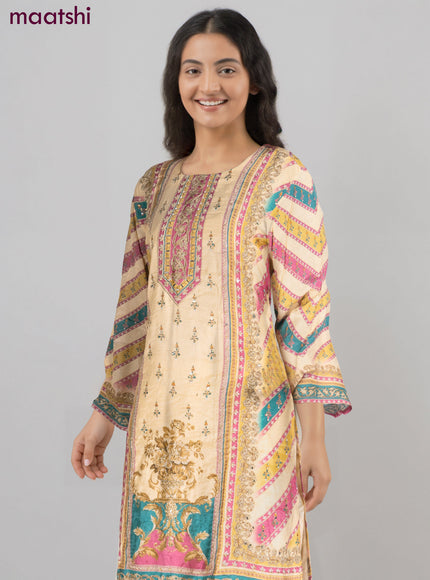 Muslin salwar suit pale yellow with allover prints & mirror zardosi work neck pattern and straight cut pant & dupatta