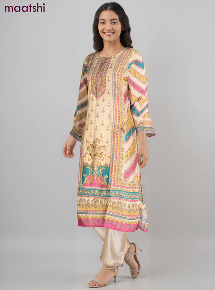 Muslin salwar suit pale yellow with allover prints & mirror zardosi work neck pattern and straight cut pant & dupatta