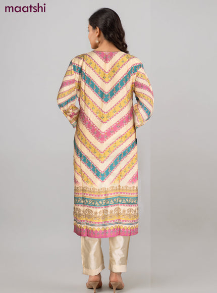 Muslin salwar suit pale yellow with allover prints & mirror zardosi work neck pattern and straight cut pant & dupatta
