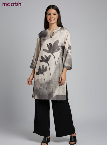 Muslin kurti set grey shade with floral prints & embroidery beaded work neck pattern and and palazzo pant