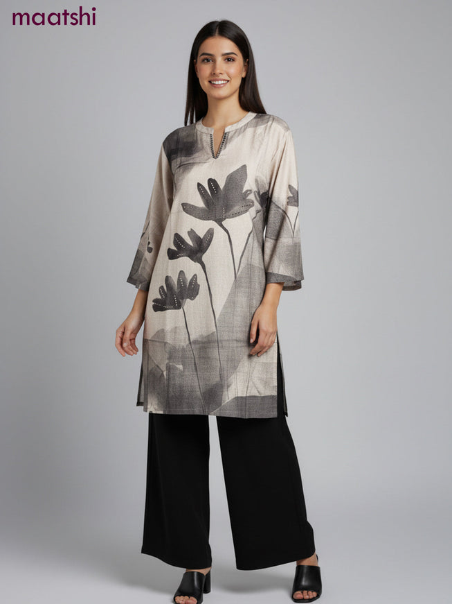 Muslin kurti set grey shade with floral prints & embroidery beaded work neck pattern and and palazzo pant