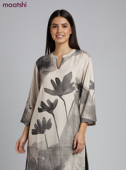 Muslin kurti set grey shade with floral prints & embroidery beaded work neck pattern and and palazzo pant
