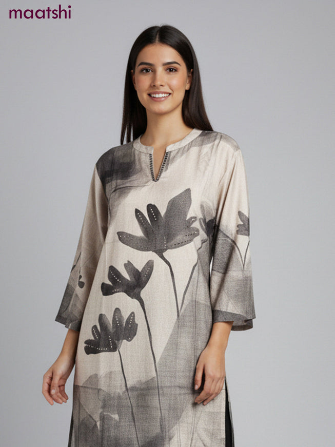 Muslin kurti set grey shade with floral prints & embroidery beaded work neck pattern and and palazzo pant