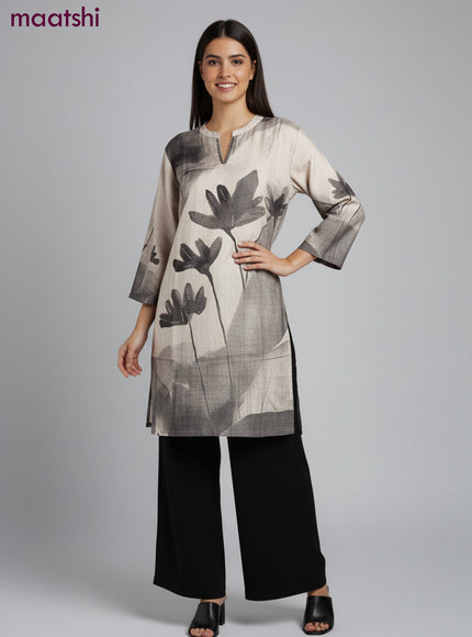 Muslin kurti set grey shade with floral prints & embroidery beaded work neck pattern and and palazzo pant