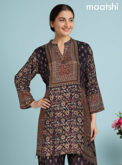 Deep Coffee Brown Muslin Floral Printed Straight Kurti Set
