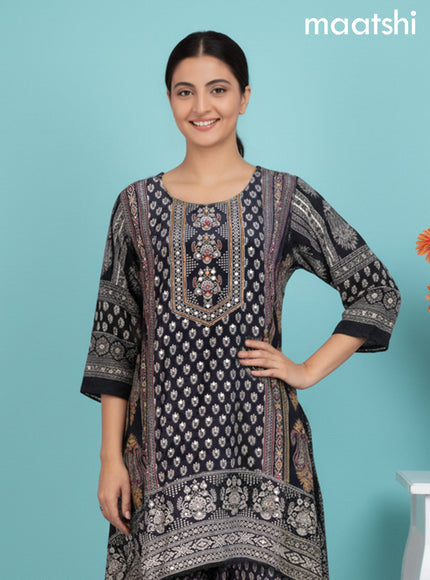 Black Crepe Silk Printed Straight Kurti Set