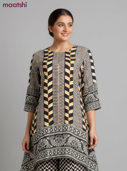Crepe silk kurti set black with allover prints & embroidery sequin work neck pattern and and palazzo pant