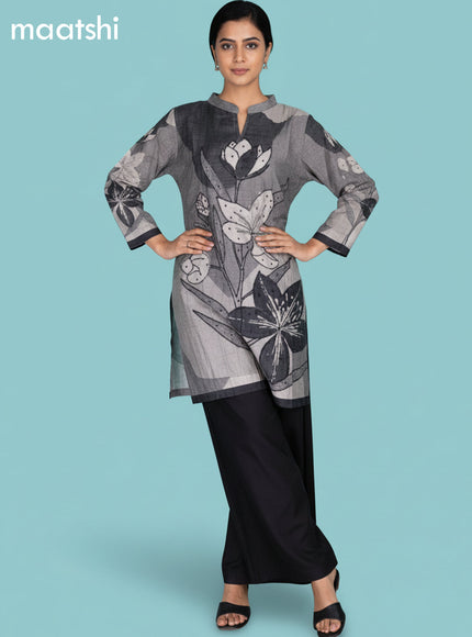 Grey and Black Muslin Printed Kurti Set