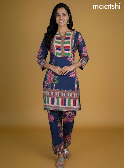 Dark Peacock Blue Rayon Printed Short Co-Ord Set