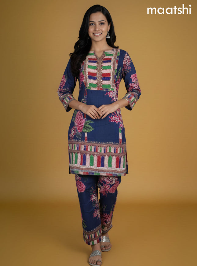 Dark Peacock Blue Rayon Printed Short Co-Ord Set