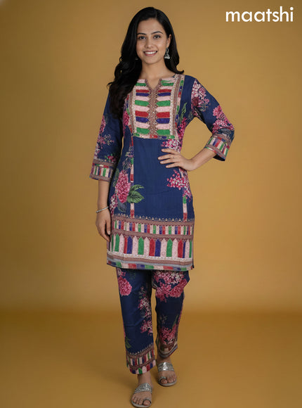 Dark Peacock Blue Rayon Printed Short Co-Ord Set