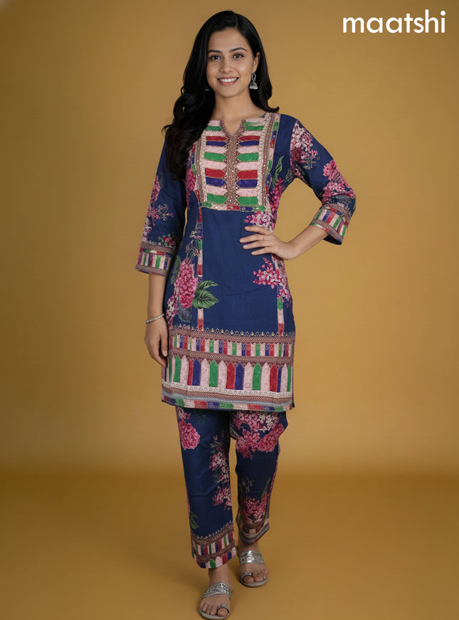 Dark Peacock Blue Rayon Printed Short Co-Ord Set