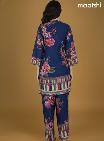 Dark Peacock Blue Rayon Printed Short Co-Ord Set