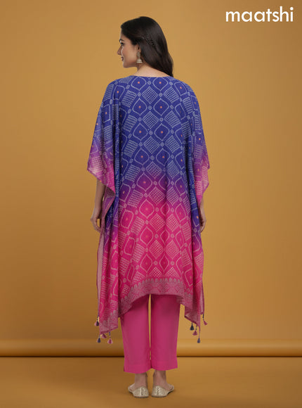 Violet Shade and Pink Crepe Silk Bandhani Printed Kaftan Dress