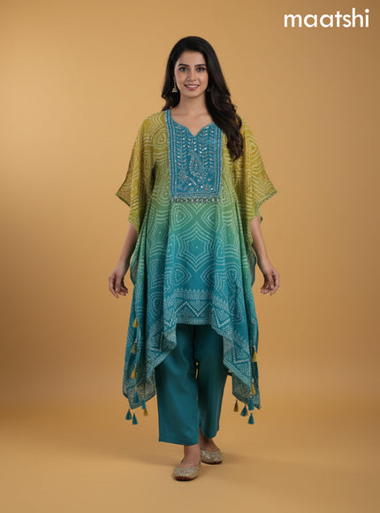 Mustard Shade and Teal Shade Crepe Silk Bandhani Printed Kaftan Dress