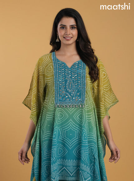 Mustard Shade and Teal Shade Crepe Silk Bandhani Printed Kaftan Dress