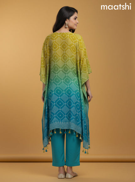 Mustard Shade and Teal Shade Crepe Silk Bandhani Printed Kaftan Dress