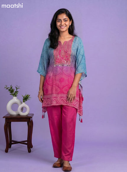 Violet Shade amd Pink Crepe Silk Bandhani Printed Kaftan Dress