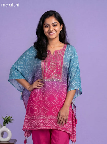 Violet Shade amd Pink Crepe Silk Bandhani Printed Kaftan Dress