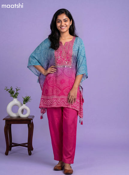 Violet Shade amd Pink Crepe Silk Bandhani Printed Kaftan Dress