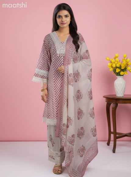 A-line salwar suit off white and pink with bell sleeve & lace work neck pattern and palazzo pant & kota dupatta