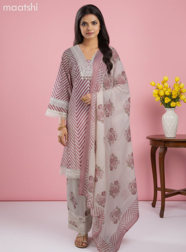 A-line salwar suit off white and pink with bell sleeve & lace work neck pattern and palazzo pant & kota dupatta