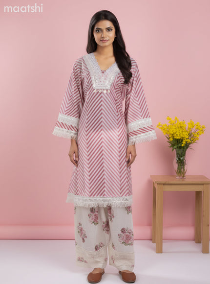 A-line salwar suit off white and pink with bell sleeve & lace work neck pattern and palazzo pant & kota dupatta