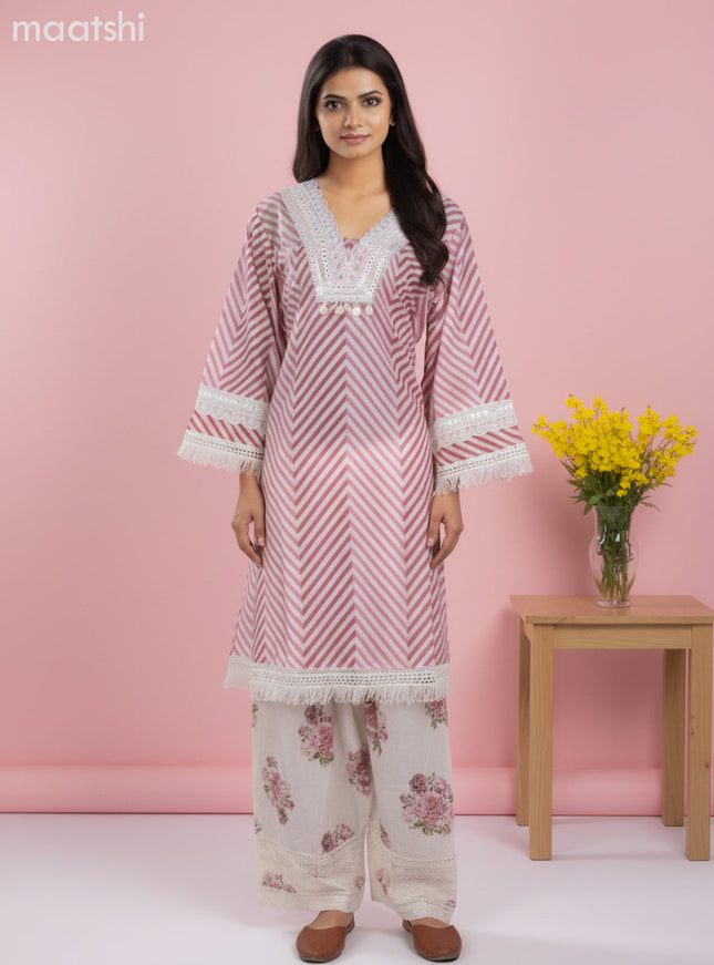 A-line salwar suit off white and pink with bell sleeve & lace work neck pattern and palazzo pant & kota dupatta