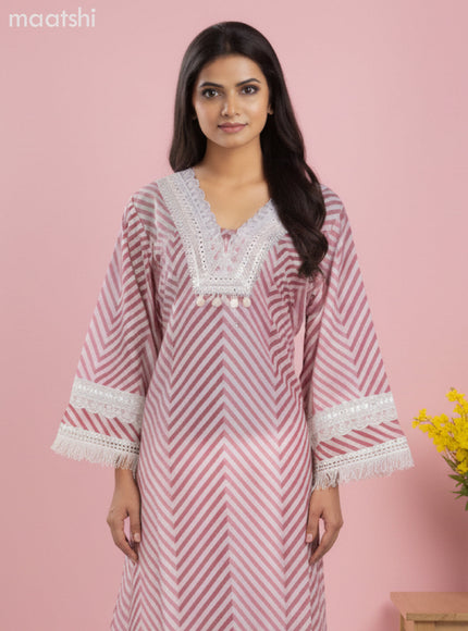 A-line salwar suit off white and pink with bell sleeve & lace work neck pattern and palazzo pant & kota dupatta