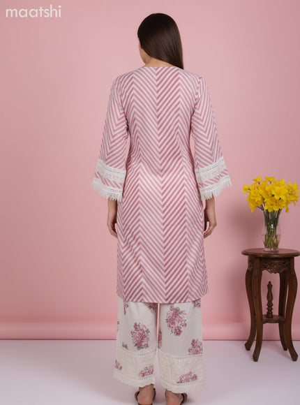 A-line salwar suit off white and pink with bell sleeve & lace work neck pattern and palazzo pant & kota dupatta