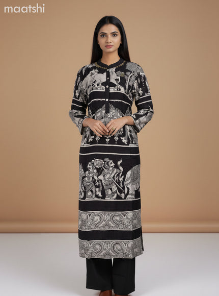 Modal kurti set black with allover kalamkari prints & simple neck pattern and palazzo pant