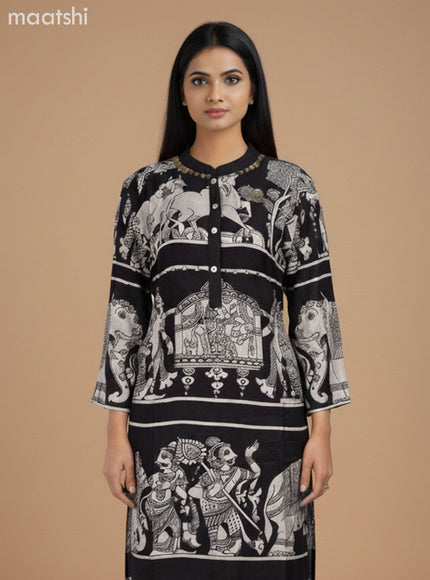Modal kurti set black with allover kalamkari prints & simple neck pattern and palazzo pant