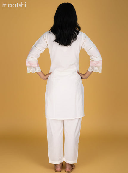 Off White Cotton Embroidery & Lace Work Kurti Set