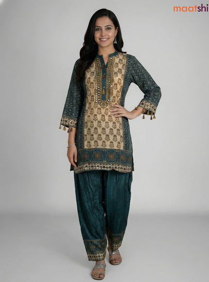Peacock Blue and Beige Crepe Silk Printed Co-Ord Set