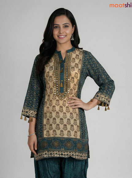 Peacock Blue and Beige Crepe Silk Printed Co-Ord Set