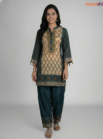 Peacock Blue and Beige Crepe Silk Printed Co-Ord Set
