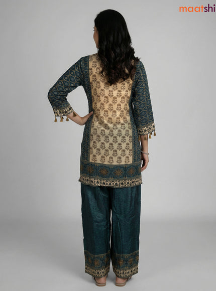Peacock Blue and Beige Crepe Silk Printed Co-Ord Set
