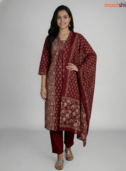 Maroon Cotton Ajrakh Printed A-line Suit