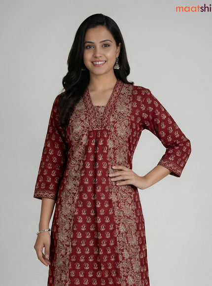 Maroon Cotton Ajrakh Printed A-line Suit