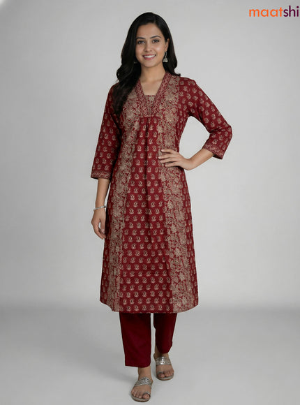 Maroon Cotton Ajrakh Printed A-line Suit