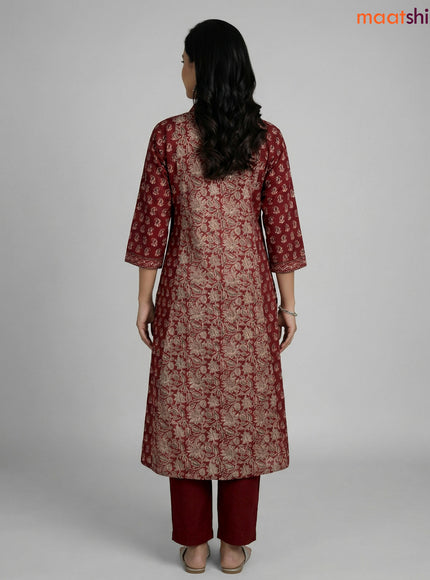 Maroon Cotton Ajrakh Printed A-line Suit